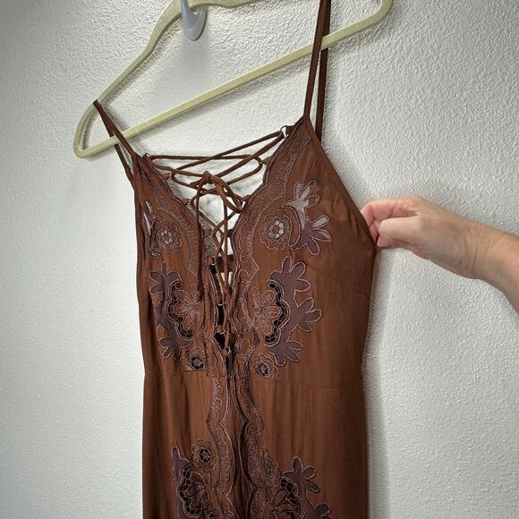 Cleobella Annie Chestnut Brown Lace Up Crochet Split Front Midi Dress XS - Picture 7 of 16